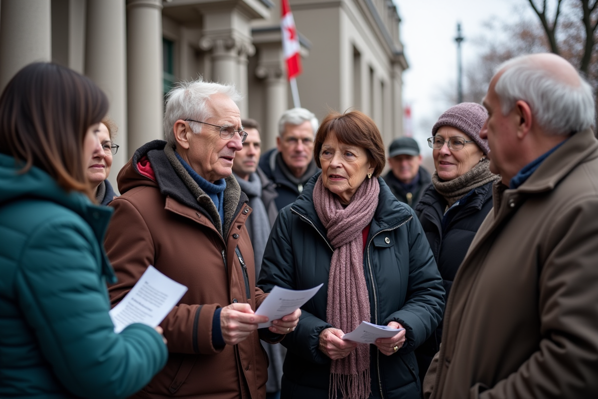 Groupe diversifié de citoyens devant un bâtiment gouvernemental