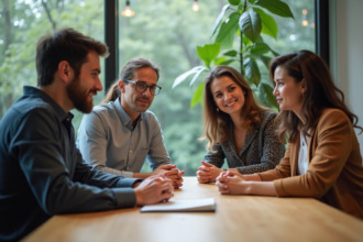 Quatre adultes en discussion dans un bureau moderne