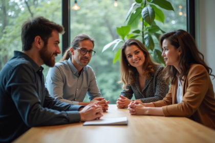Quatre adultes en discussion dans un bureau moderne