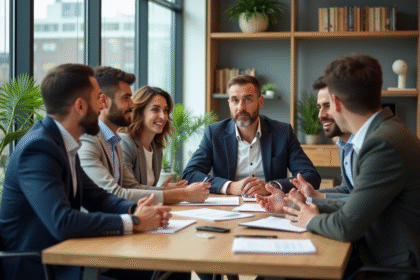 Groupe de professionnels collaborant dans un bureau lumineux