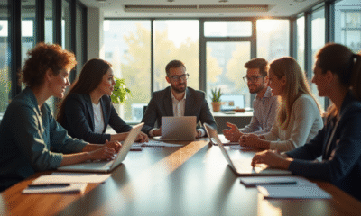 Groupe de professionnels collaborant dans un bureau lumineux