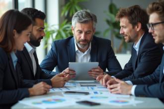 Groupe de professionnels en réunion autour d'une table moderne