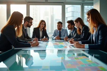Groupe de professionnels analysant une carte des risques en réunion