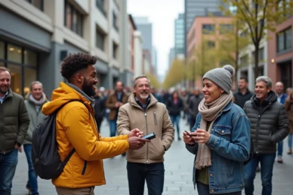 Groupe de jeunes et seniors dans une place animée