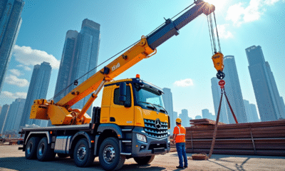 Grue de 10 tonnes soulevant des poutres en acier sur un chantier moderne