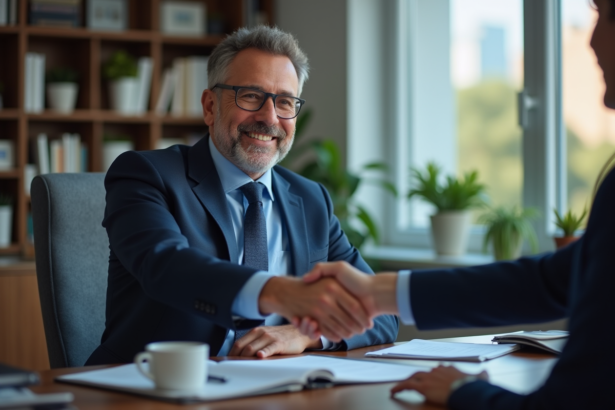 Homme d'affaires en costume cravate serre la main