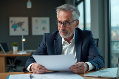 Homme d'affaires en costume regardant un portfolio dans un bureau moderne