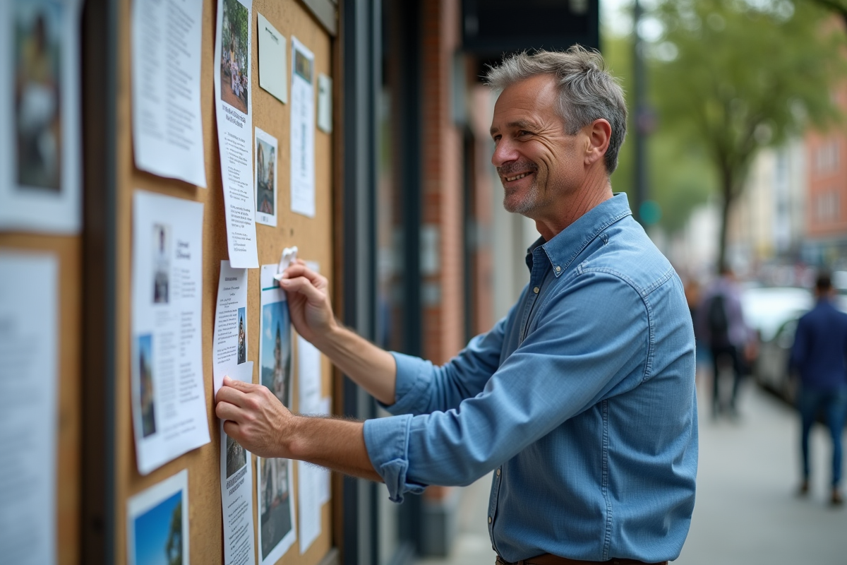 Homme affichant une affiche dans un quartier urbain animé