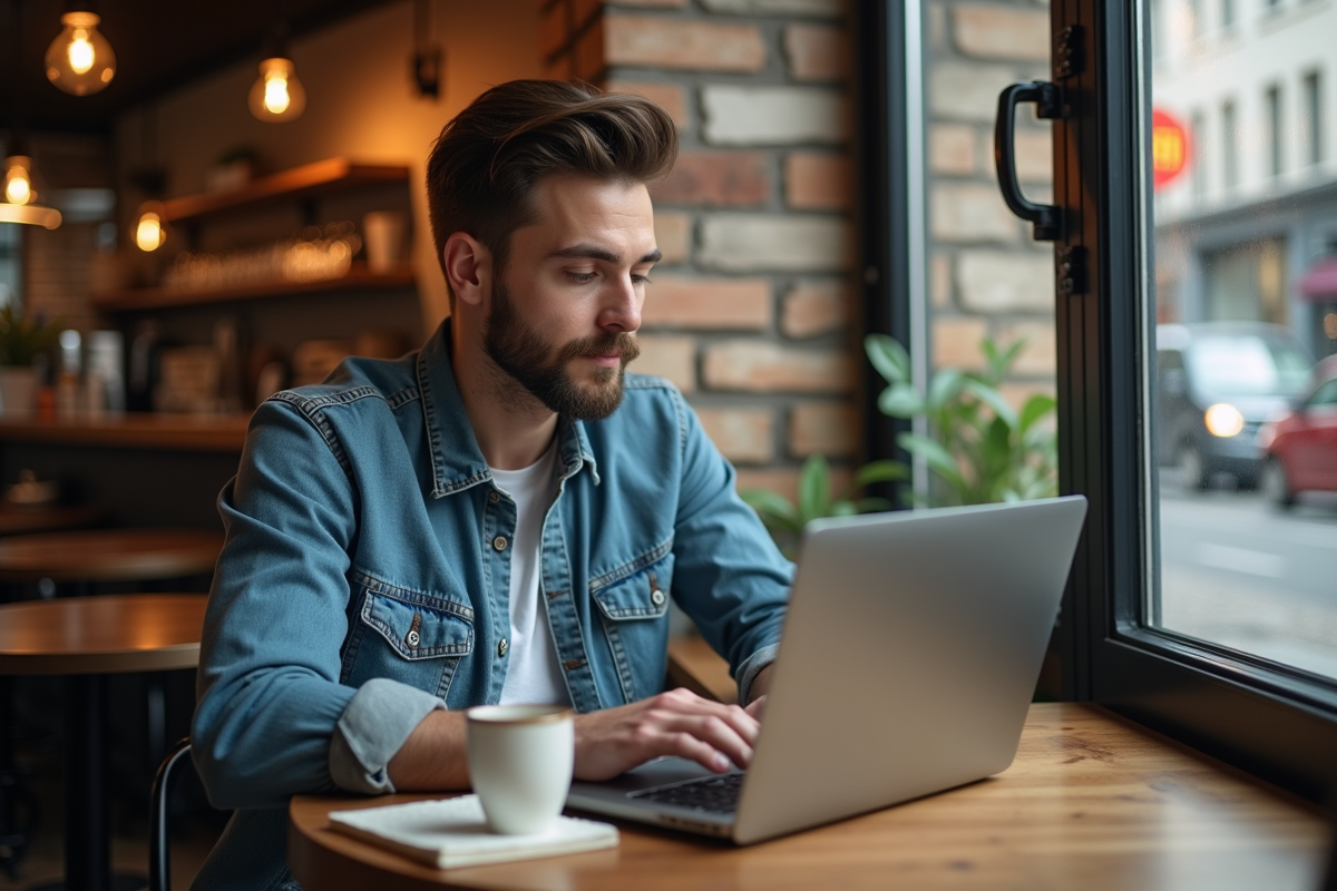 Homme décontracté travaille sur son SEO dans un café
