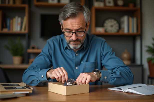 Homme d'âge moyen emballant une montre vintage dans un colis