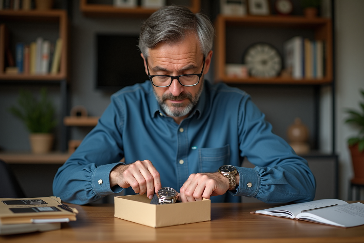 Homme d'âge moyen emballant une montre vintage dans un colis