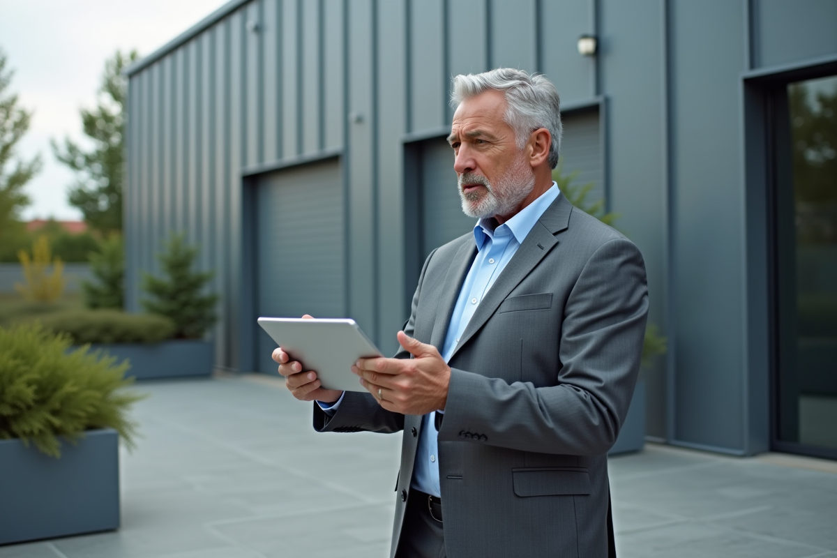 Homme en costume gris expliquant avec une tablette