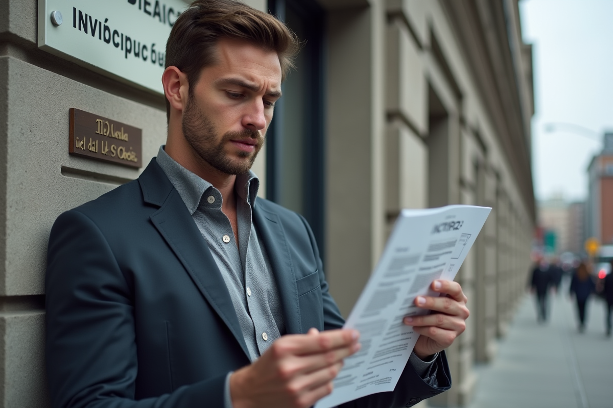 Homme québecois lit une affiche devant un bâtiment officiel