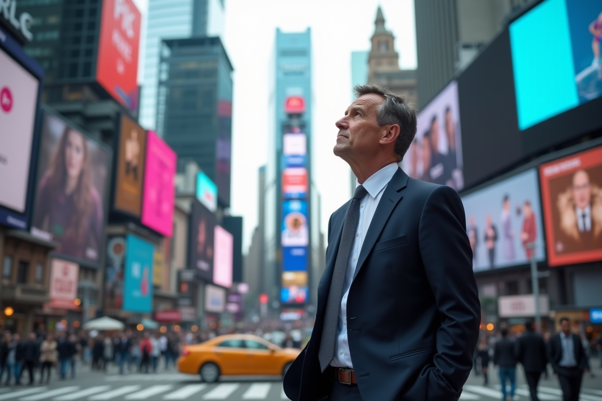Homme en costume regardant une publicité sur un panneau urbain