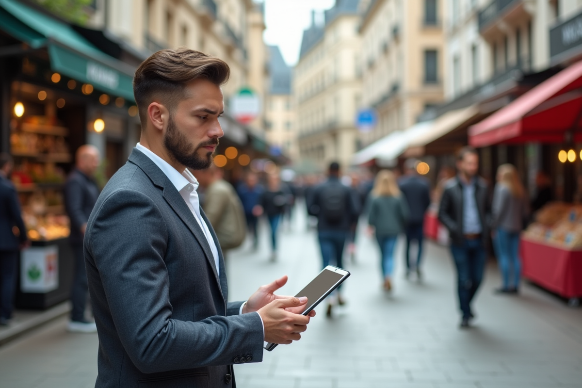 Jeune entrepreneur observant un marché animé en extérieur