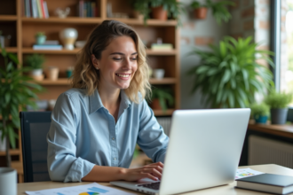 Jeune femme professionnelle souriante au bureau avec tableau de bord email