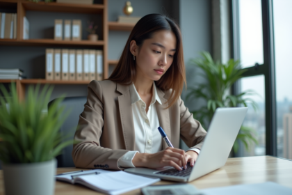 Jeune femme au bureau travaillant sur son ordinateur
