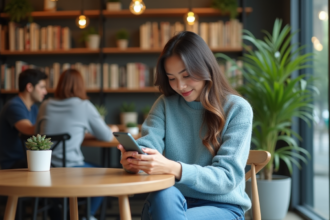 Jeune femme au café regardant son smartphone en intérieur