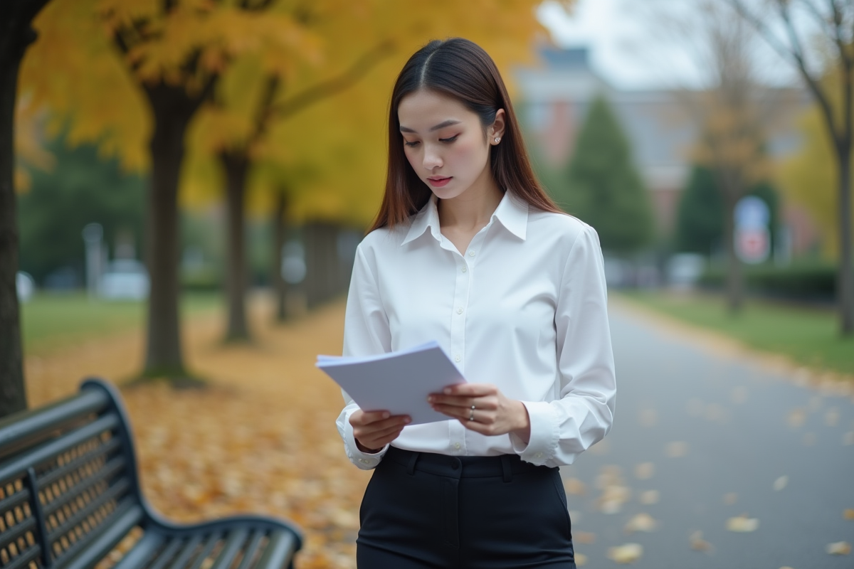 Jeune femme lisant un document dans un parc urbain