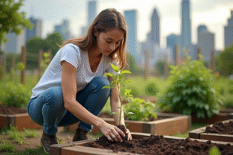 Jeune femme plantant un jeune arbre dans un jardin communautaire