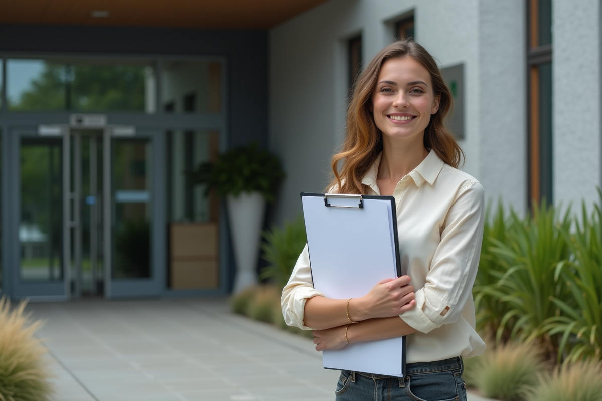 Jeune femme responsable écologique devant bâtiment d