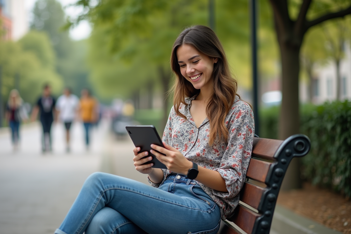 Jeune femme souriante en vidéoconférence dans un parc urbain