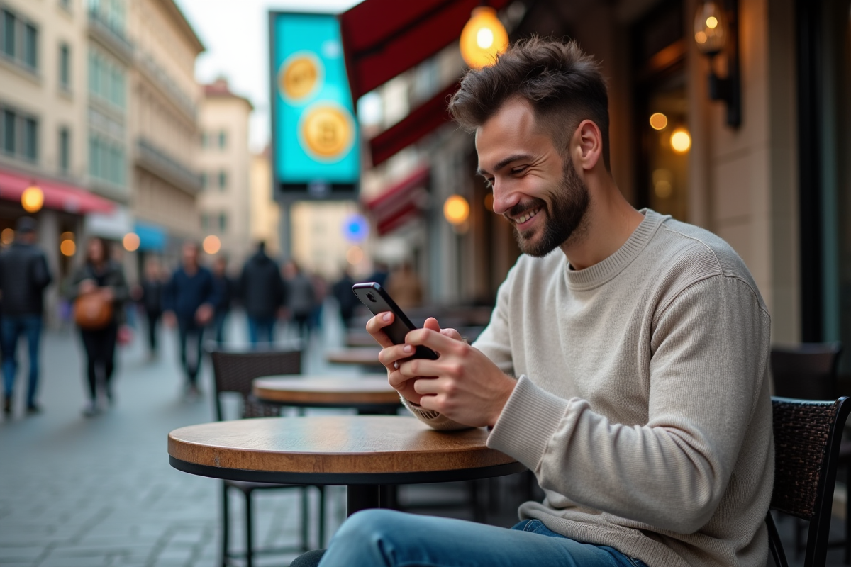 Jeune homme consulte une application crypto au café urbain