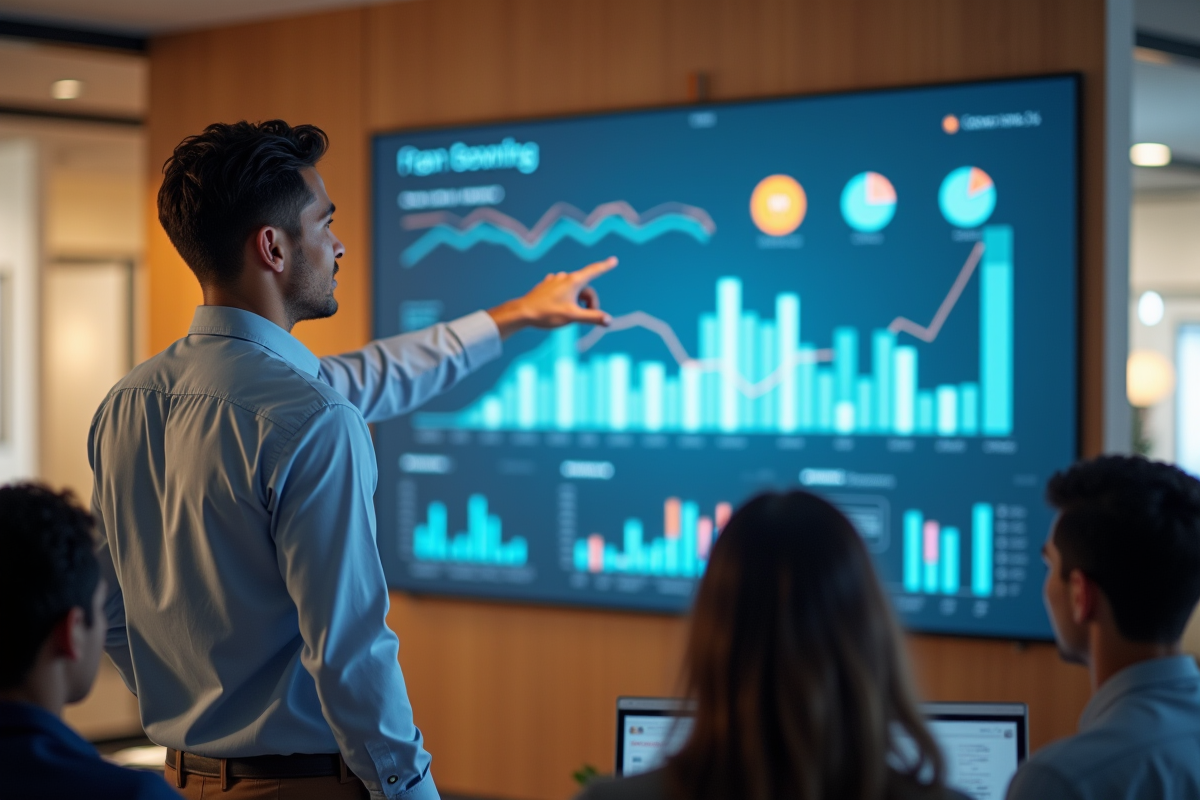 Jeune homme expliquant des métriques marketing à ses collègues