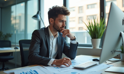 Jeune professionnel analysant des graphiques financiers dans un bureau lumineux