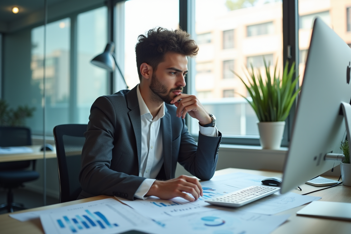 Jeune professionnel analysant des graphiques financiers dans un bureau lumineux