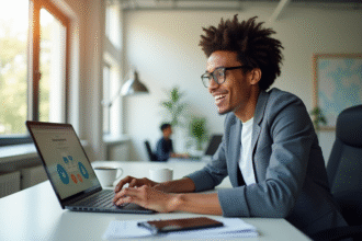 Jeune professionnel souriant vérifiant ses gains sur un ordinateur portable dans un bureau moderne