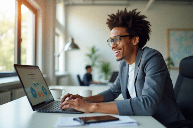 Jeune professionnel souriant vérifiant ses gains sur un ordinateur portable dans un bureau moderne