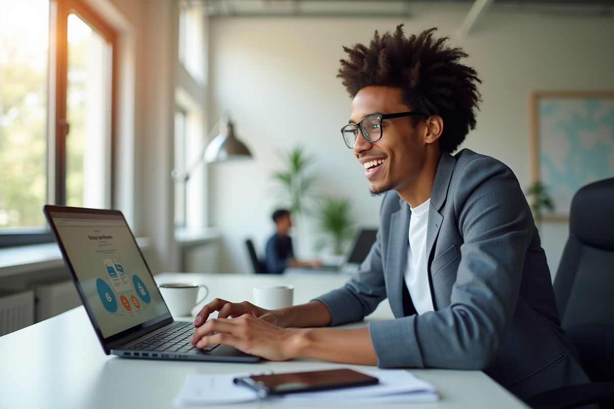 Jeune professionnel souriant vérifiant ses gains sur un ordinateur portable dans un bureau moderne