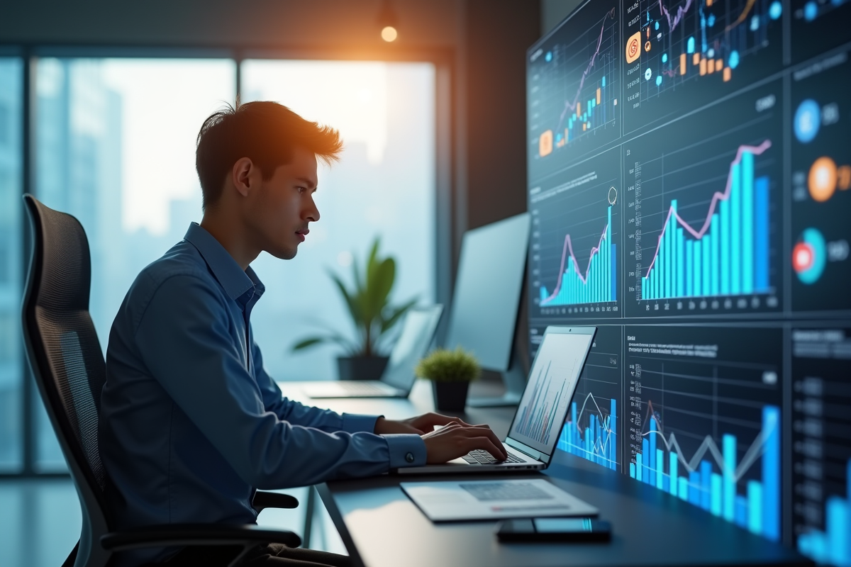 Jeune professionnel travaillant sur un ordinateur avec graphiques et icônes sociales