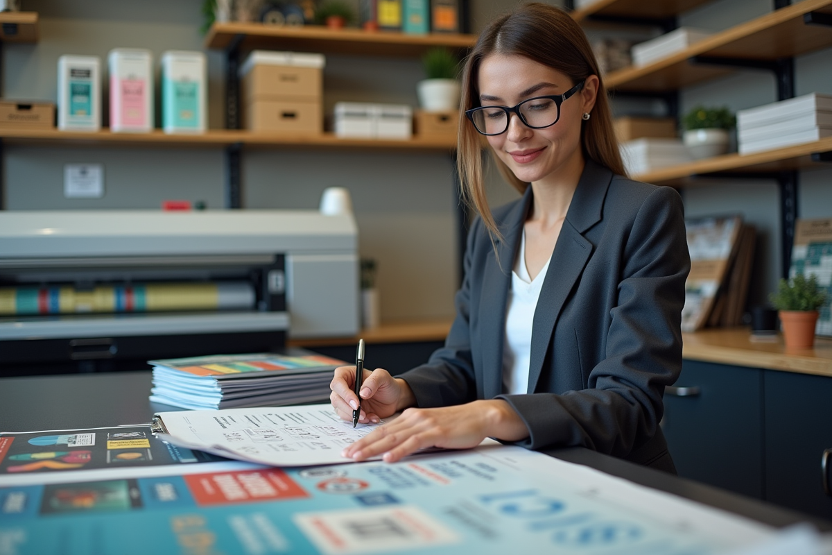 Jeune femme professionnelle examinant une affiche colorée dans un atelier d'impression