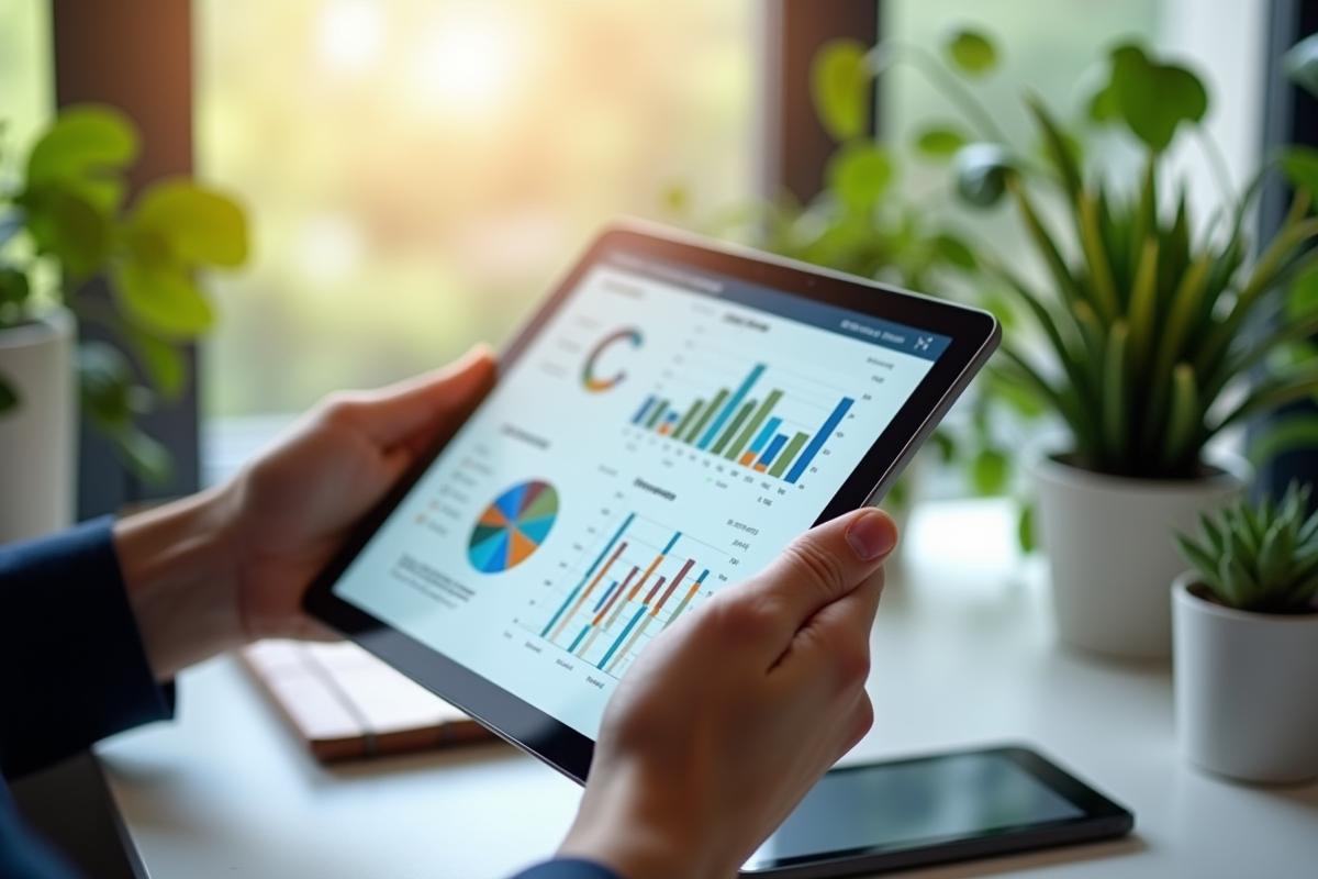 Main tenant une tablette avec tableau de bord de risque interactif