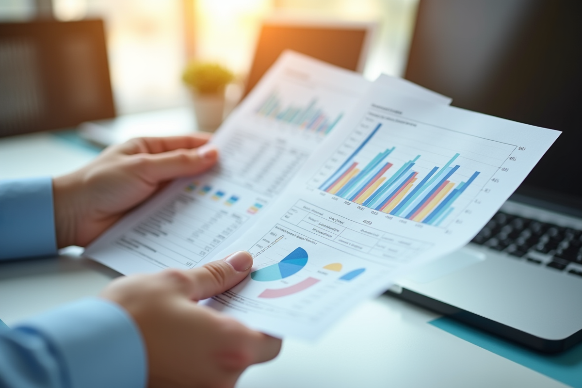 Main tenant documents financiers avec graphiques et tableaux