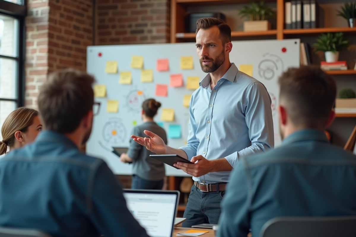 Homme en business casual discutant devant tableau blanc