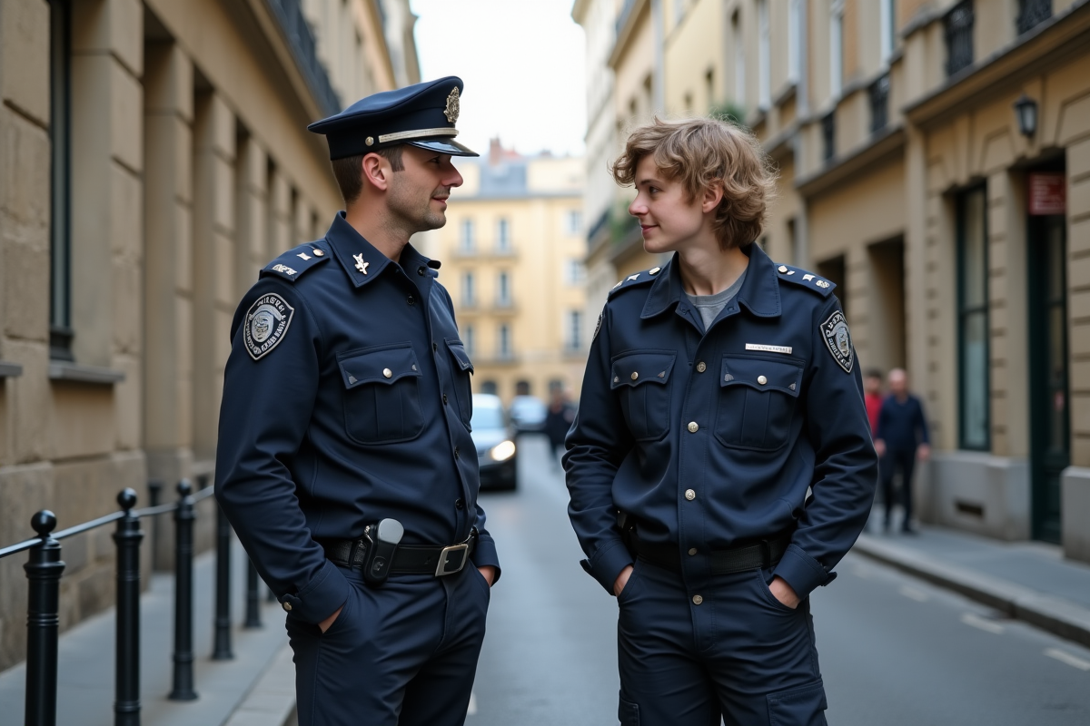 Jeune policier français discutant avec un adolescent dans la rue