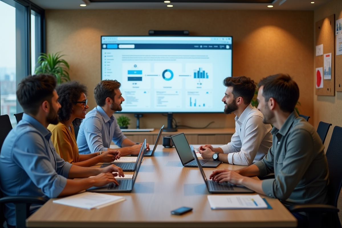 Groupe de collègues discutant de flux email en réunion collaborative