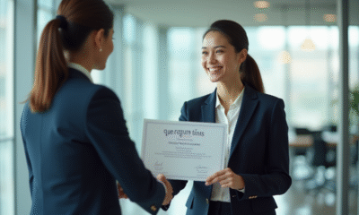 Professionnel souriant recevant un certificat et une poignée de main