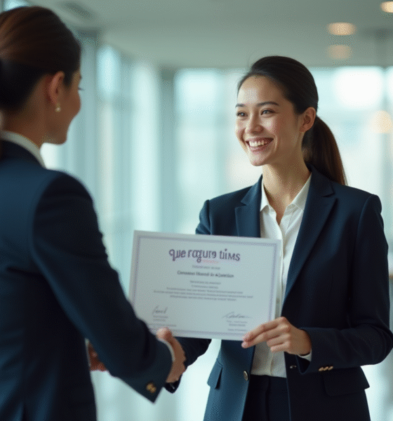 Professionnel souriant recevant un certificat et une poignée de main