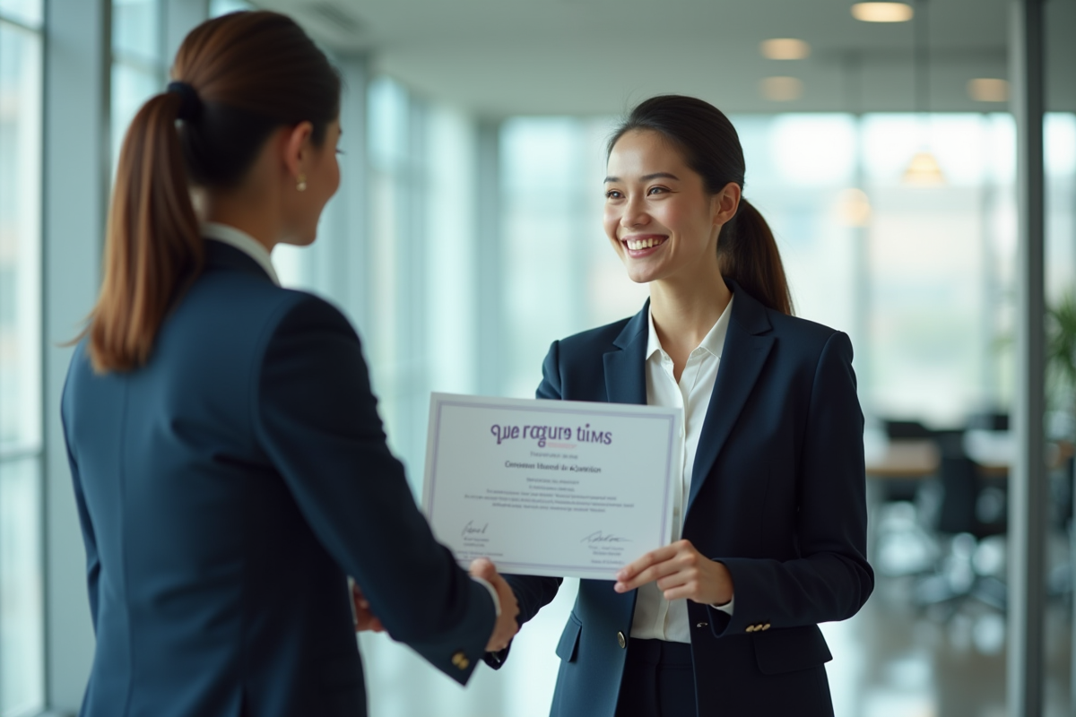 Professionnel souriant recevant un certificat et une poignée de main