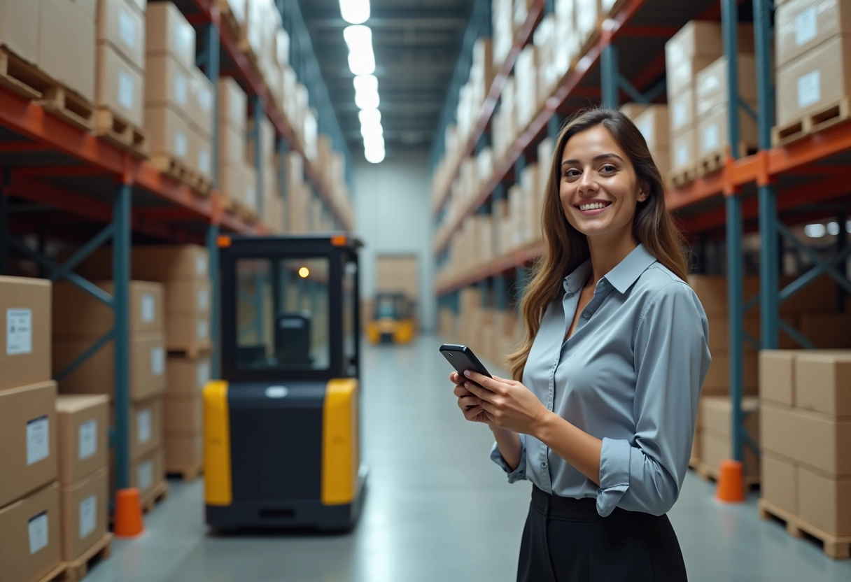 Superviseur logistique vérifiant un chariot élévateur automatisé