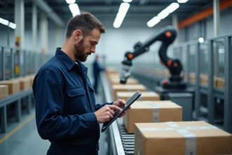 Technicien en combinaison surveillant une ligne robotique moderne