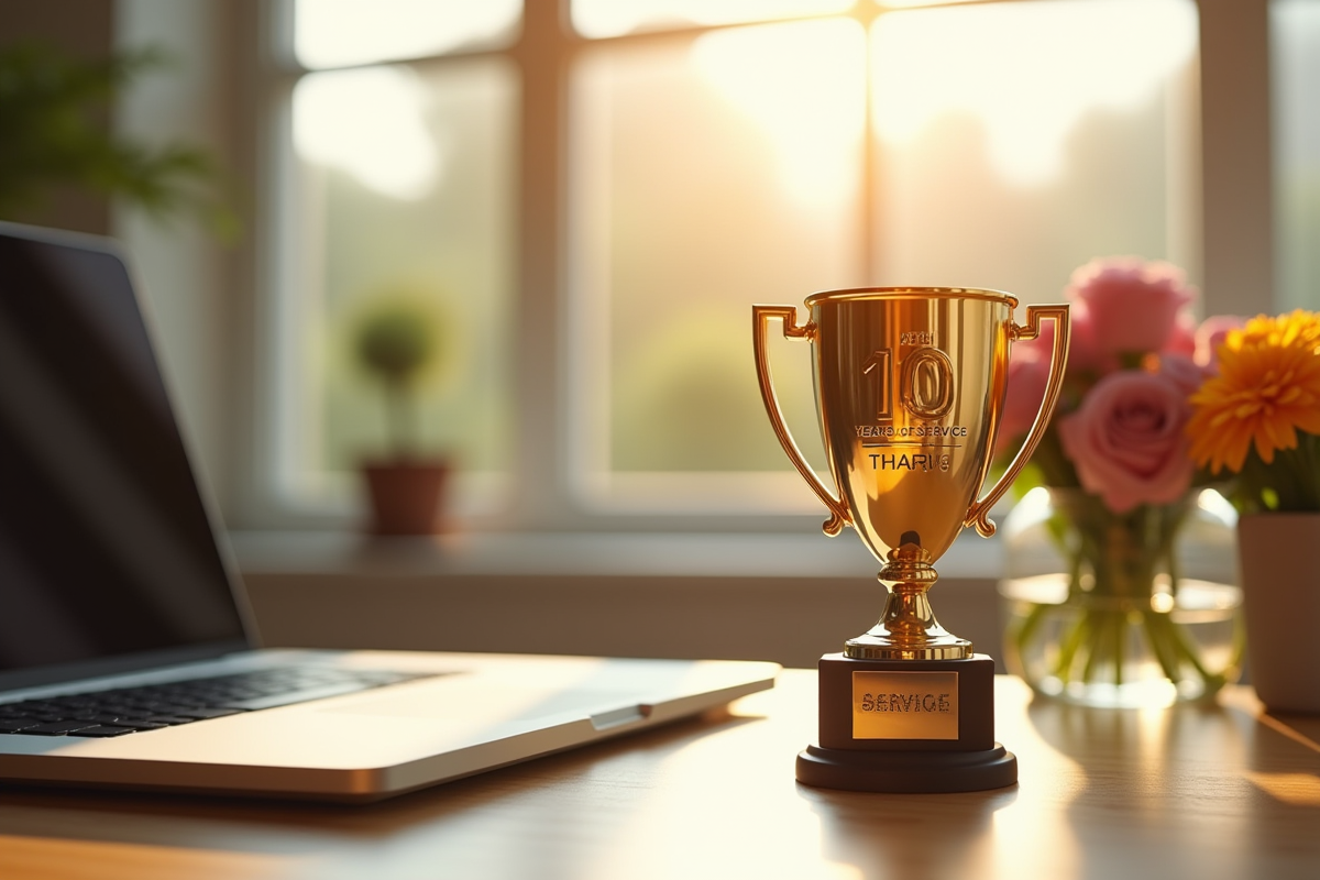 Trophée en or gravé 10 ans de service sur un bureau lumineux